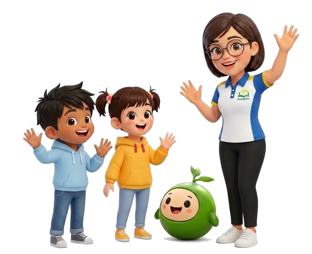 RemoEdPH teacher and students with Remo mascot waving hello